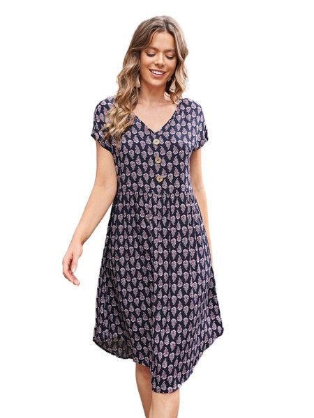 

emery rose allover print v neck dress p23f#, Black;gray