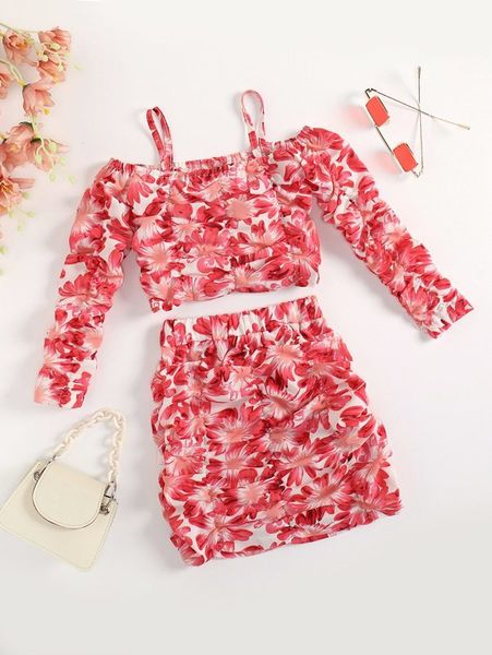 

toddler girls floral print cold shoulder crop & skirt she, White