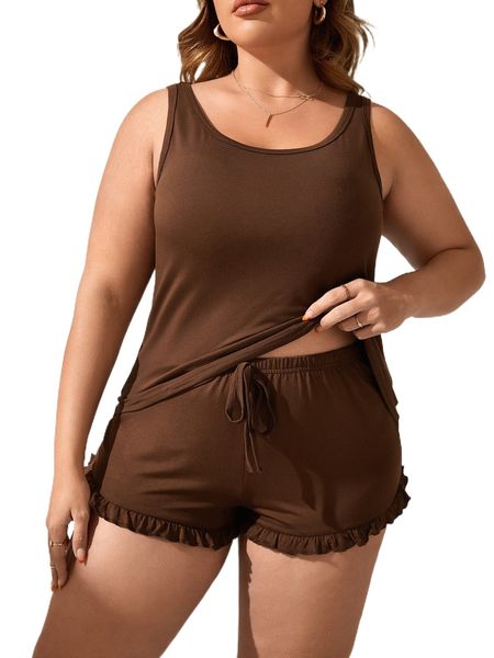 

plus tie front frill trim lounge set l6bv#, Black;white