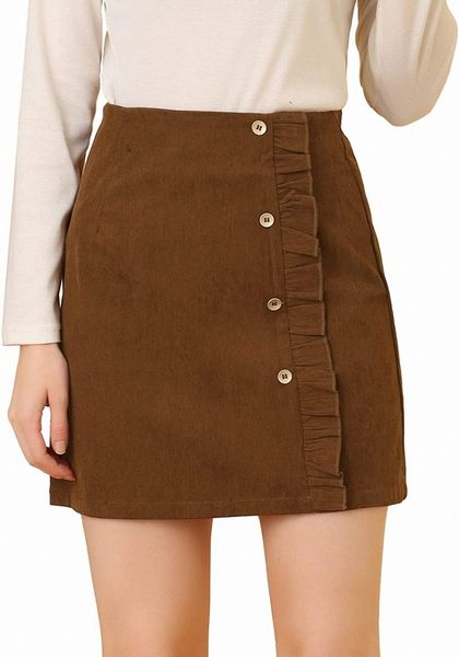 

k women's corduroy vintage button decor ruffled trim high waist faux wrap skirt n4l3#, Black;gray