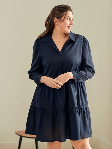 

plus ruffle hem puff sleeve shirt dress h5xl#, Black