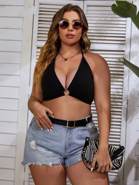 

plus ring linked tie backless halter h2sd#, Black