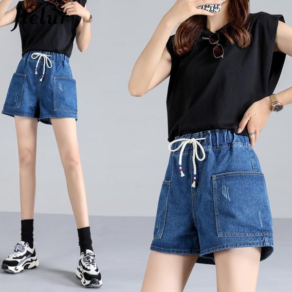 

women's jeans washed pockets denim shorts womens blue high waist for women casual loose summer elastic female s-5xl