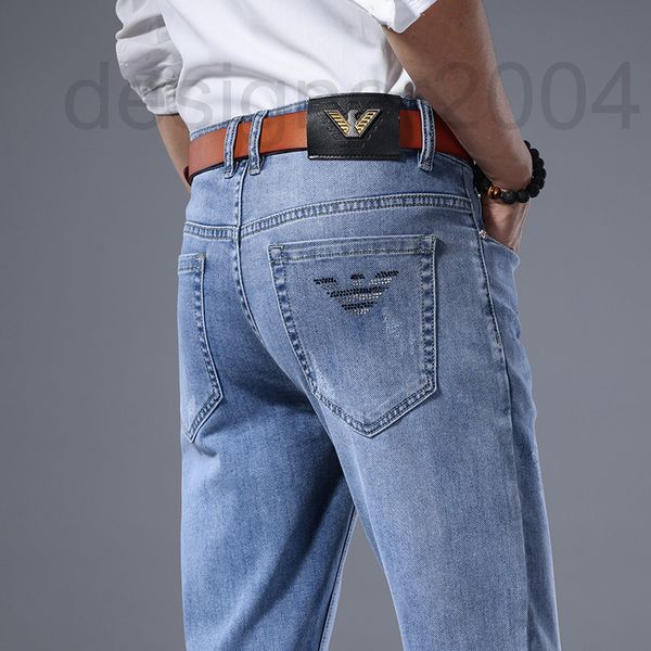 

men's jeans designer brand summer thin men's straight slim fit elastic casual long pants pccv, Blue