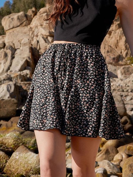 

ditsy floral print tie waist skirt d5g6#, Black