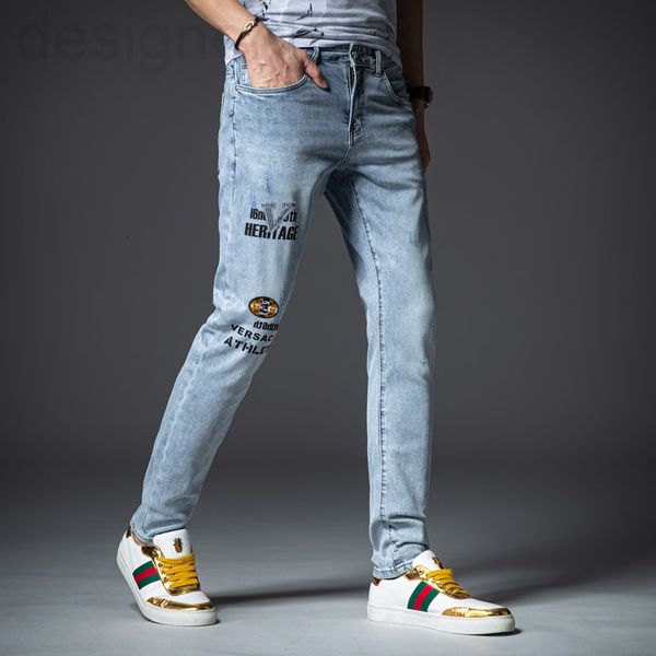 

men's jeans designer high end embroidered jeans men's fashion slim pants net red casual mb7j, Blue