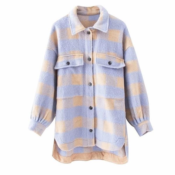 

stylish sweet plaid woolen shirt jacket fashion pockets turndown collar check jacket cute girls chic coat streetwear y201012, Black