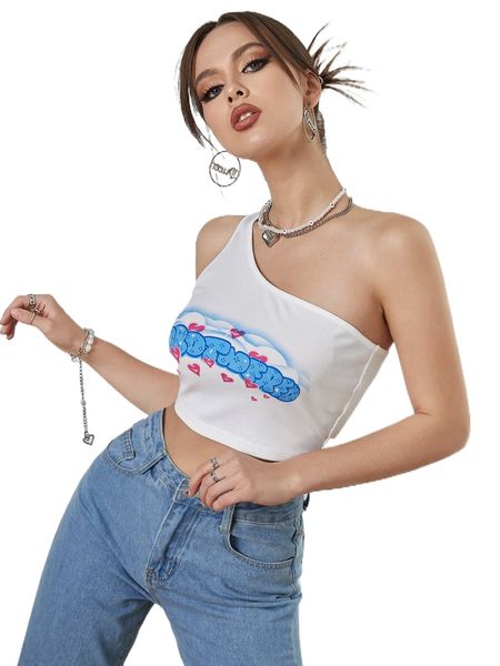 

letter & heart print one shoulder crop h8j6#, White
