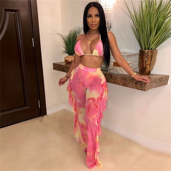 

echoine sheer mesh ruffle beach 2 piece set summer bra halter crop ruffle wide leg pants clubwear elastic tie dye set, White