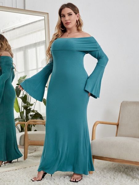 

x symone hill plus off shoulder bell sleeve maxi dress n1xx#, Black