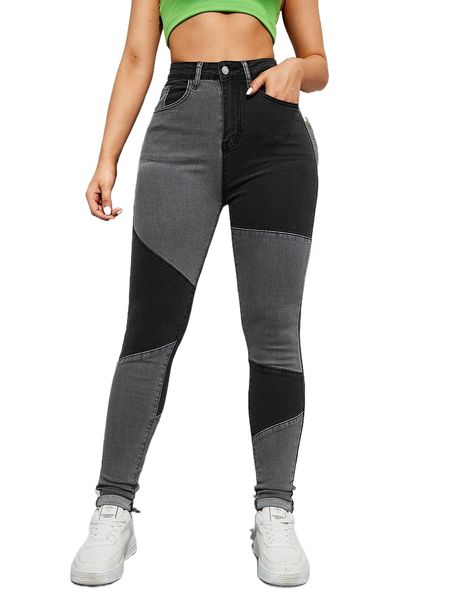 

sxy high waist colorblock graphic skinny jeans c9cz#, Blue