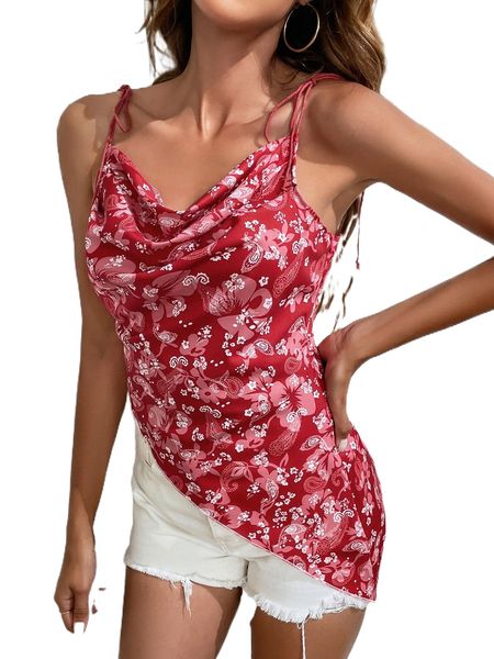 

floral & paisley print draped collar asymmetrical hem cami w3op#, White