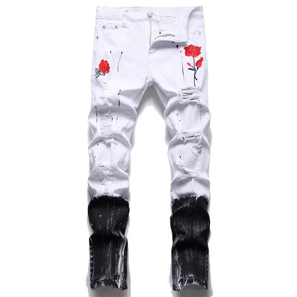 

slim fit jeans ripped straight leg men embroidery colorblock regular cotton jean pant hip hop casual big size trousers, Blue