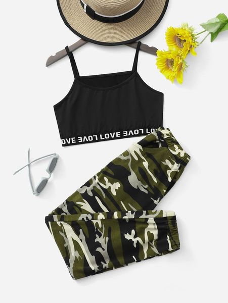 

girls letter tape panel cami & camo print sweatpants she, White