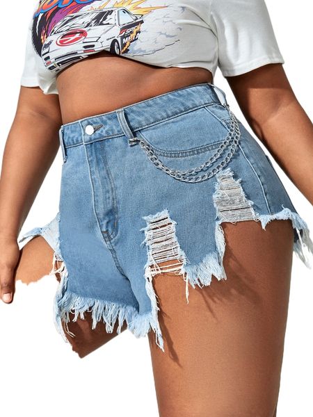 

plus high waist ripped raw trim chain detail denim shorts i74q#, White;black