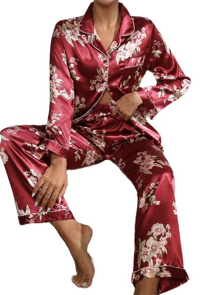 

floral print satin pajama set b7dc#, Black;red