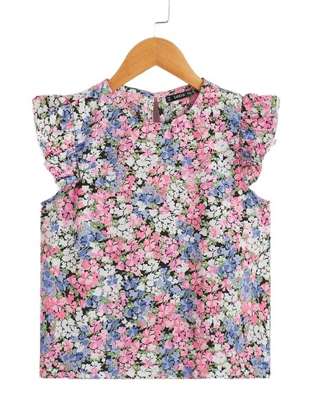 

plus ditsy floral flutter sleeve keyhole back blouse w1qi#, Black