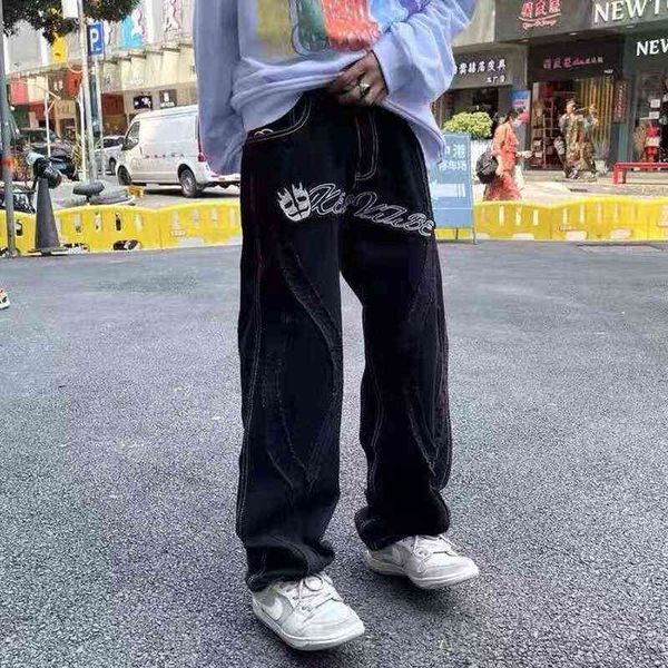 Граджуку Полосатые пэчворки Череп -вышивка ретро мужские джинсы брюки негабаритный вид прямой атмосфера повседневные джинсовые брюки Streetwear T220803