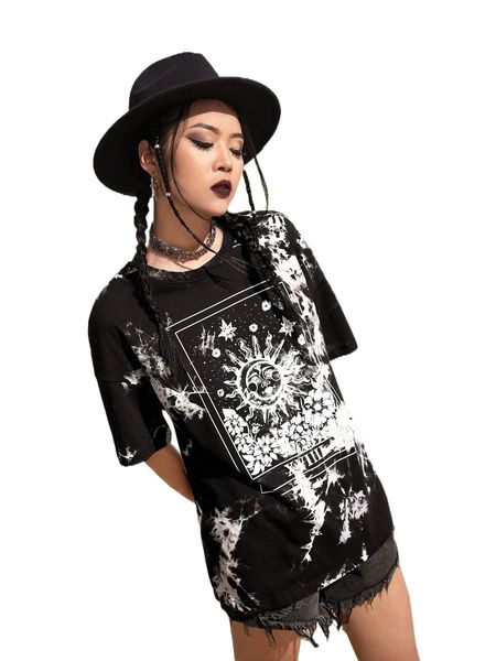 

romwe x herminedecrayon sun & moon graphic tie dye tee o38p#, White