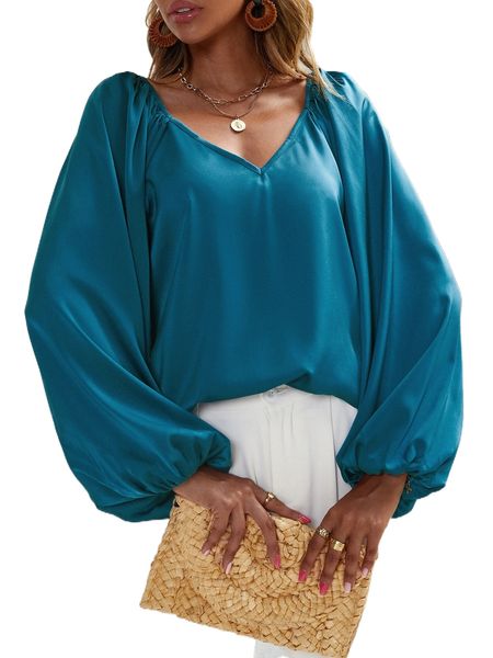 

v neck lantern sleeve blouse s0qi#, White