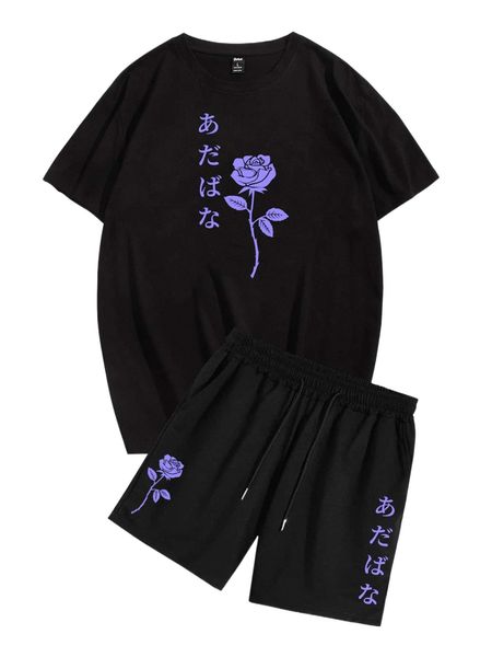 

romwe guys rose print tee & shorts 00hr#, Gray