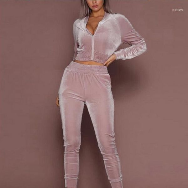 Damen Zweiteilige Hose Samt Set Damen Herbst 2022 Langarm Crop Top Anzug Lässige Mode Trainingsanzug Rosa Schwarz Aprikose Herbstkleidung