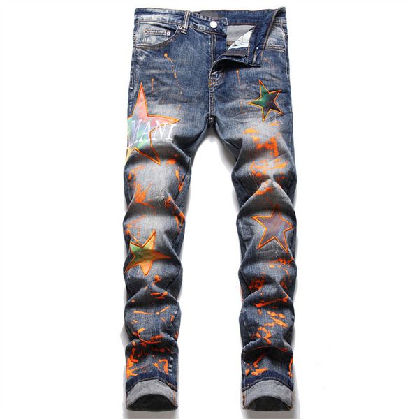 Jeans da uomo Paint Graffiti Jeans europei americani Nuovi pantaloni slim elasticizzati con ricamo a cinque punte Pantaloni casual blu a vita media