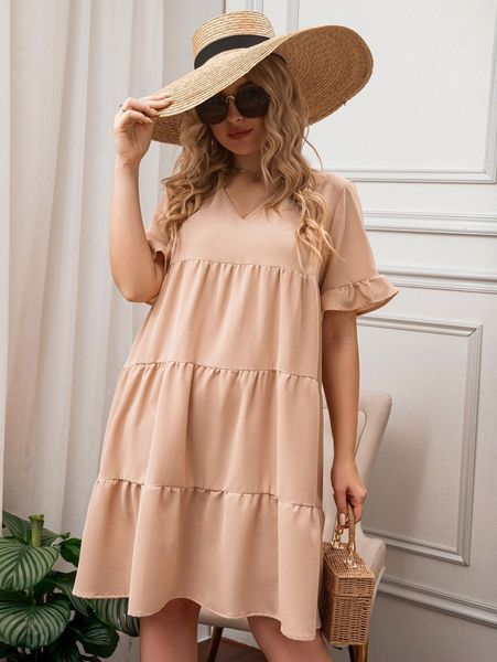 

plus flounce sleeve ruffle hem smock dress n6hj#, Black