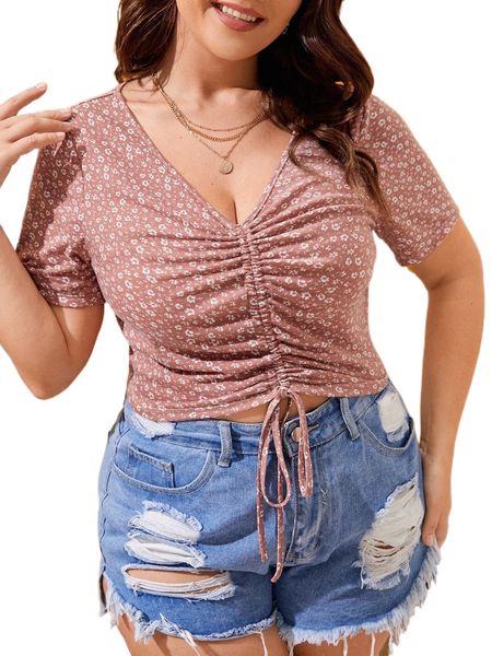 

plus ditsy floral print drawstring tee 18xy#, Black
