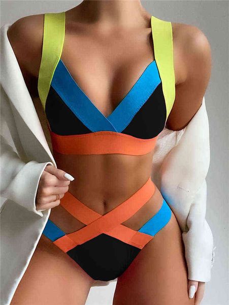 

bandage bikini color high elastic contrast swimsuit triangle, White;black