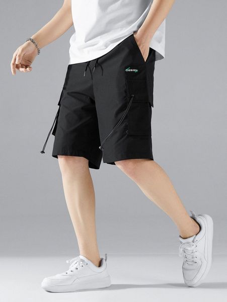 

men letter patched flap pocket side drawstring waist shorts y2ka#, White;black