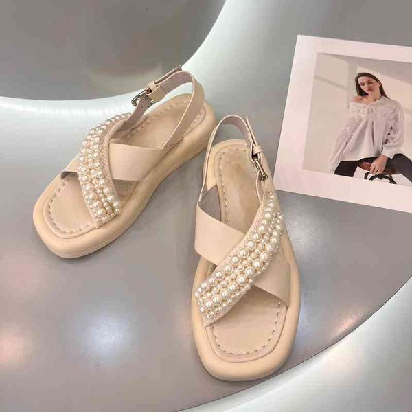 

women's leather summer sandals sandals back lace up decorative rope and pearl series, Black