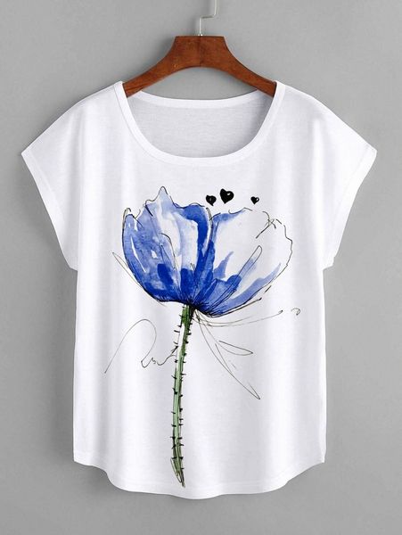 

floral & heart print batwing sleeve tee x5ln#, White