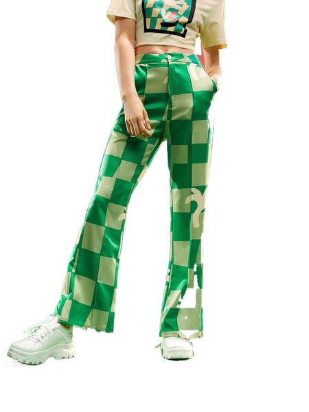 

x neon island cartoon & checker print flare leg pants t9uh#, Black;white