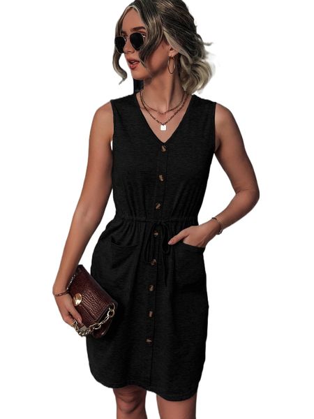 

fake buttons drawstring waist patched pocket dress r6ur#, Black;gray
