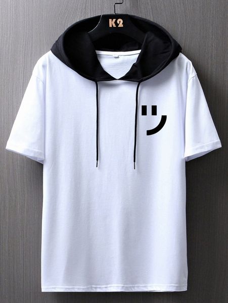 

men expression print colorblock drawstring hooded tee 51bn#, White;black
