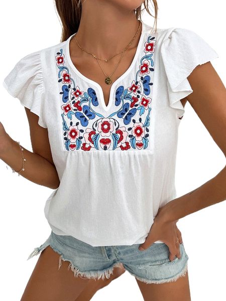 

floral embroidered flutter sleeve notched neck blouse p9zw#, White