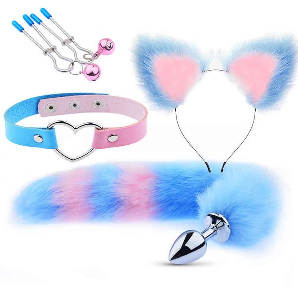 Erotica Adult Toys 4pcs Sex Toys for Women Harness Goth Exotic Accessories Set Cute Headband Tail Plug Heart Collar Nipple Clamps Bondage Gear New 220507
