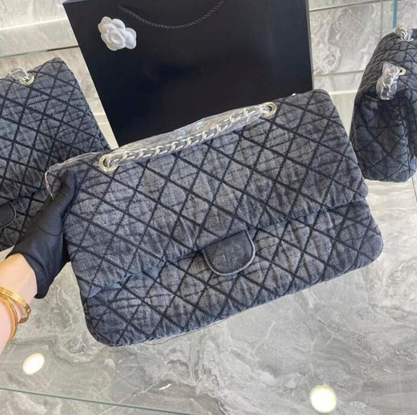 

tz women's flap designer bag denim black cowboy blue handbags designers silver metal hardware chain high capacity quilted diamond quilt