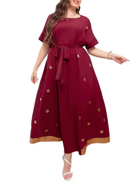 

plus floral print dolman sleeve belted dress b7tt#, Black