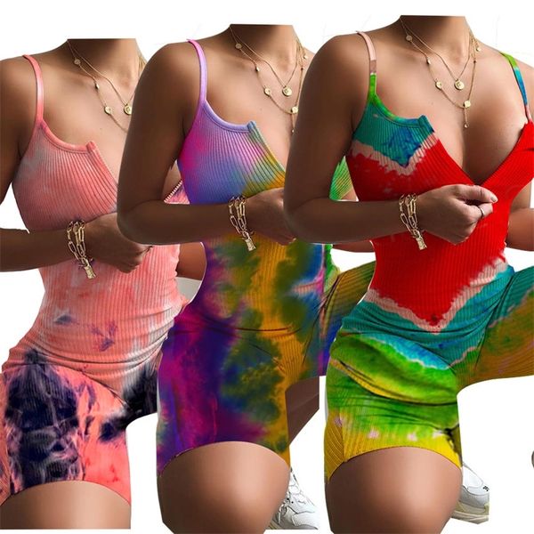 Tuta da donna estiva 2020 Modello stile europeo e americano caldo Tie dye Stampa scollo a V profondo moda casual T200704