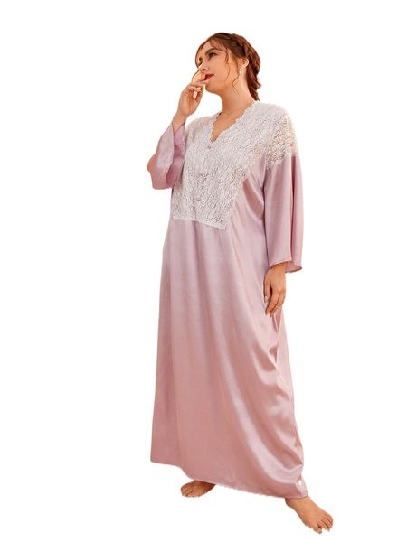 

plus flounce sleeve contrast lace satin night dress 34ug#, Black;white