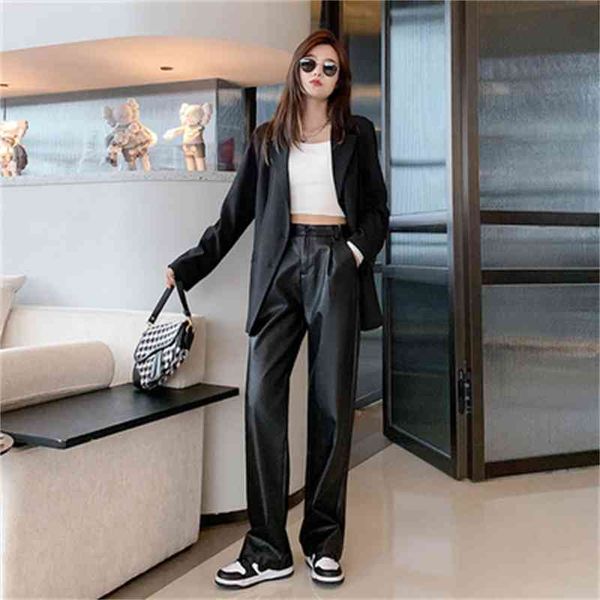 

women's pants capris autumn and winter wide leg leather pants women's casual loose straight high waist suit wear ydoq, Black;white