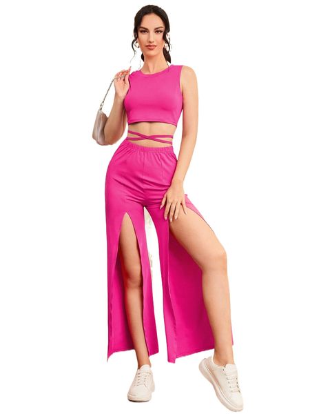 

crisscross tie back tank & split thigh pants 29ka#, White