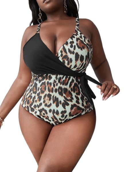 

plus leopard print wrap tie side one piece swimsuit n0ee#, White;black