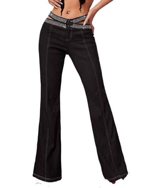 

rhinestone cut out waist stitching flare leg pants c1nf#, Black;white