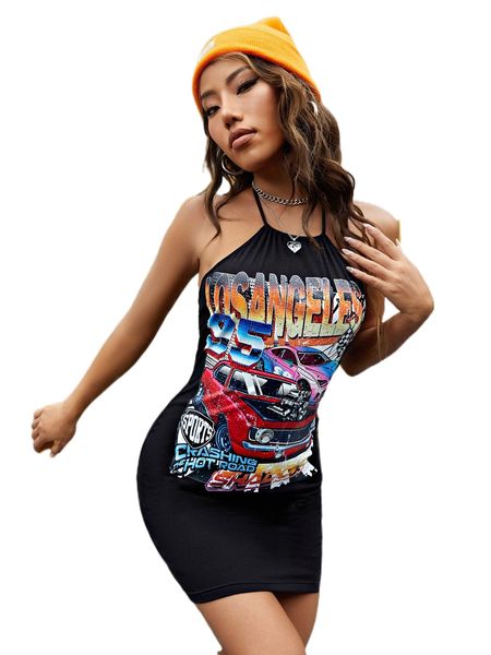 

letter & car print tie backless halter bodycon dress z6rt#, Black;gray