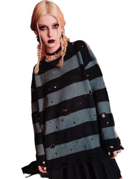 

romwe dark academia striped pattern distressed sweater q1of#, White;black