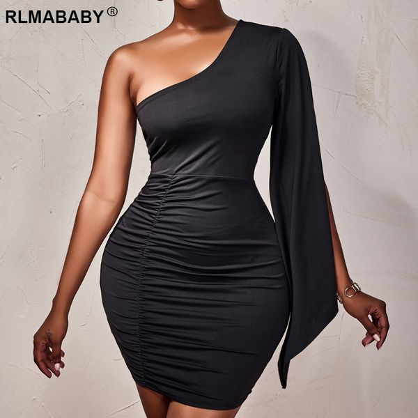 

night club one shoulder split flare long sleeve folds women mini bodycon dress slim asymmetrical backles package hip dress, Black;gray