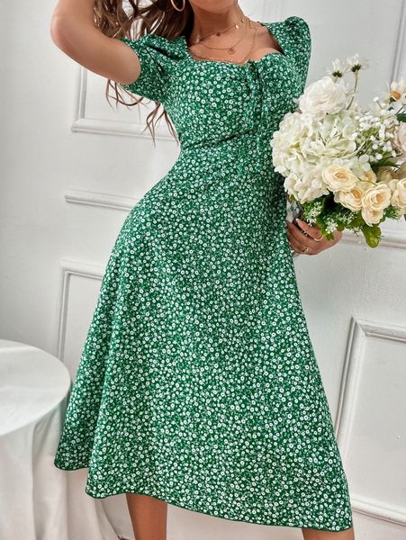 

ditsy floral puff sleeve knot front dress t9nl#, Black;gray